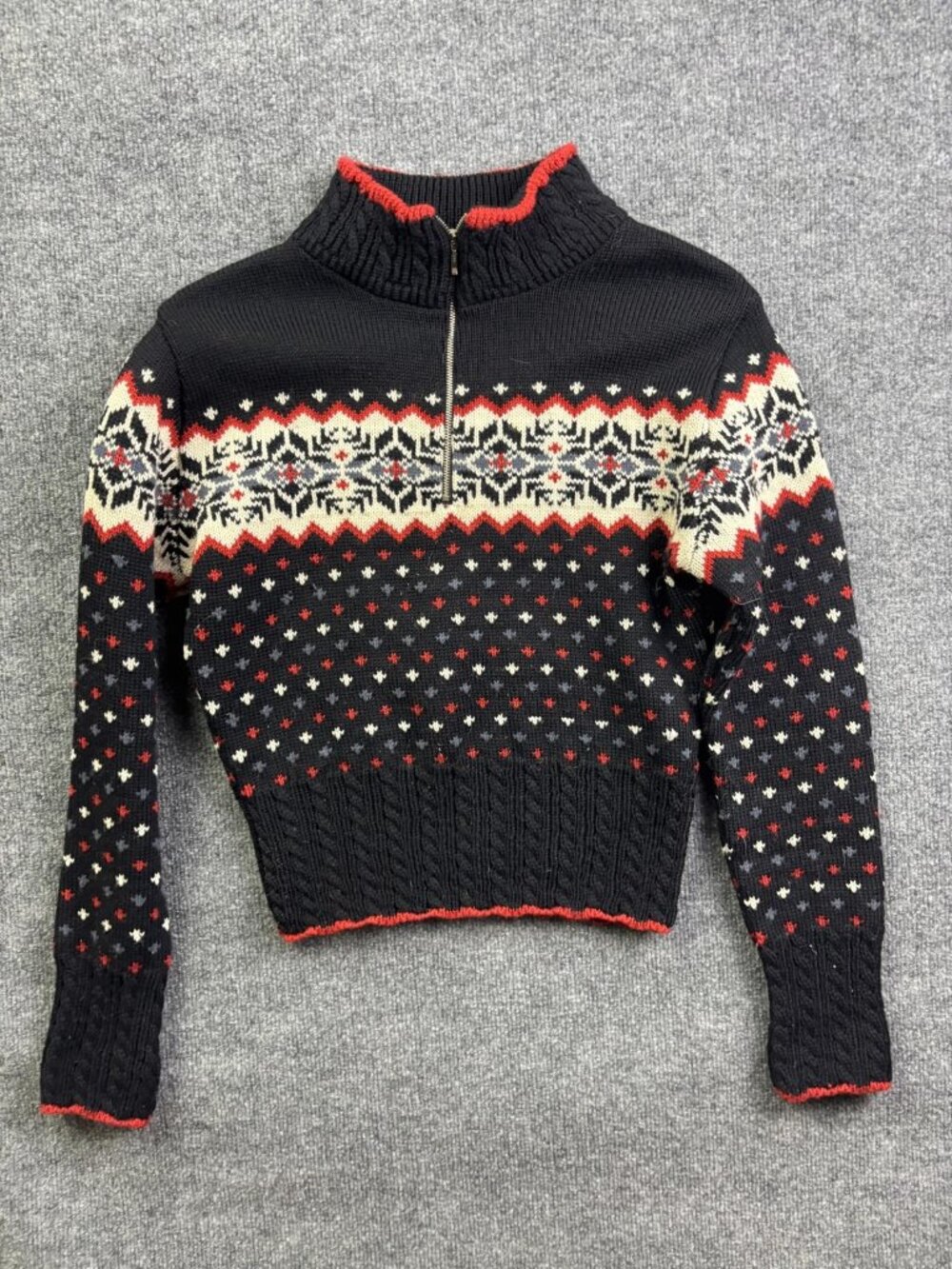 Eir Sweater Womens Large Black Fair Isle 1/4 Zip Wool Ski Pullover Mock Neck